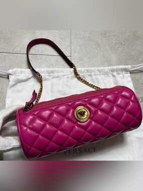 Versace Quilted Leather Cylinder Barrel Shoulder Bag in Pink with Gold Hardware